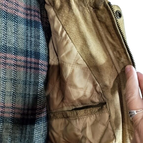 M788) Vintage Duncan Row Large Tan Leather Bomber Plaid Lined Jacket - Picture 5 of 13